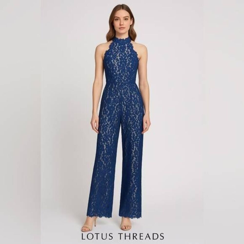 Lotus Threads Navy Blue Racerback Lace Jumpsuit Sleeveless Wide Leg Jumper Forma